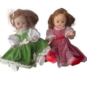 Vintage 1985 Vogue Dolls Ginny Set of 2 Green Velvet Red Polka Dot 7.5" Dolls